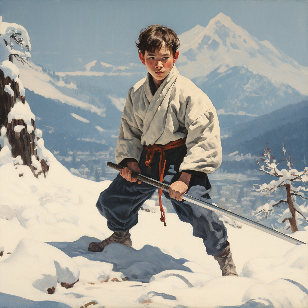 Japanese boy practicing martial arts in the snow