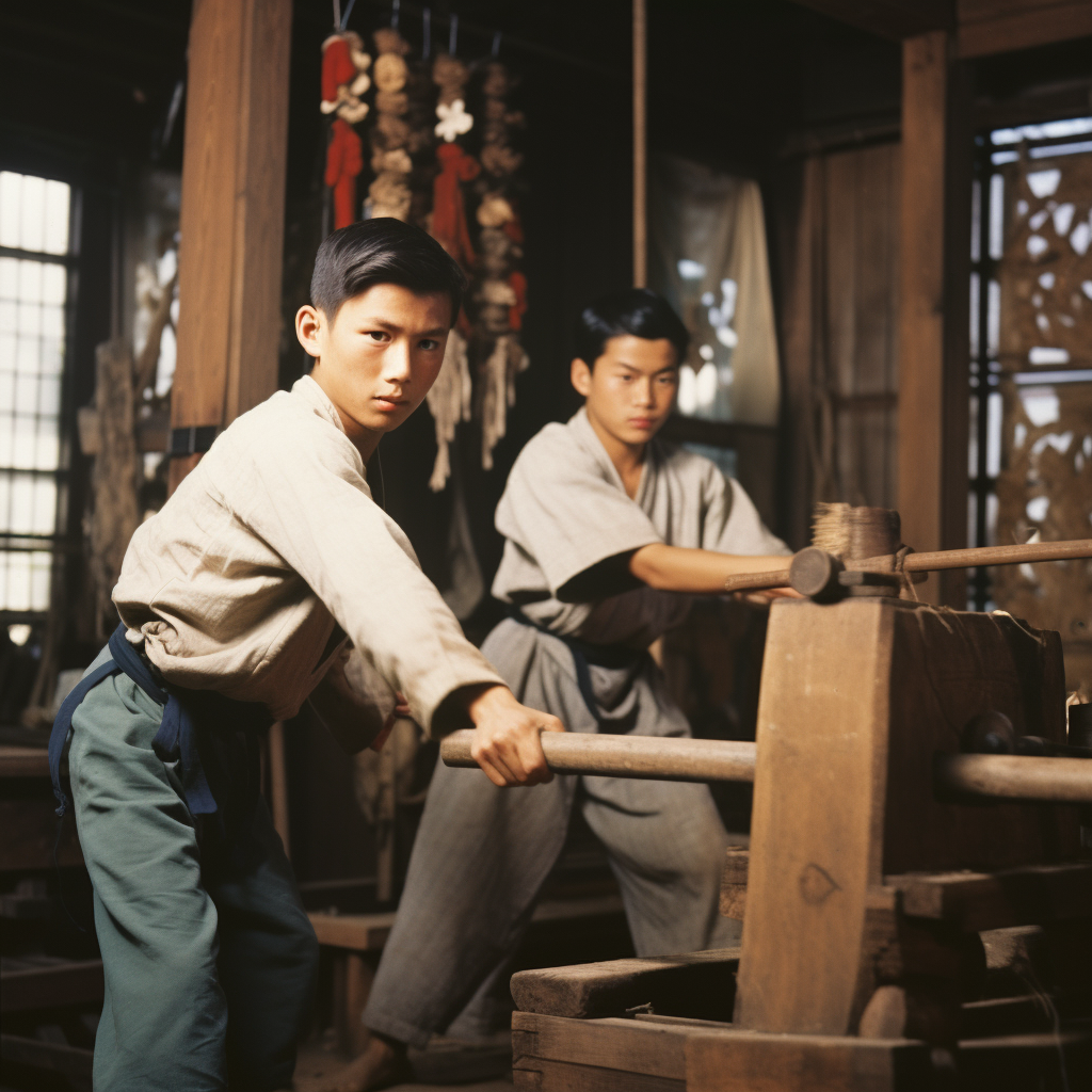 Japanese boy training with wooden sword in dojo