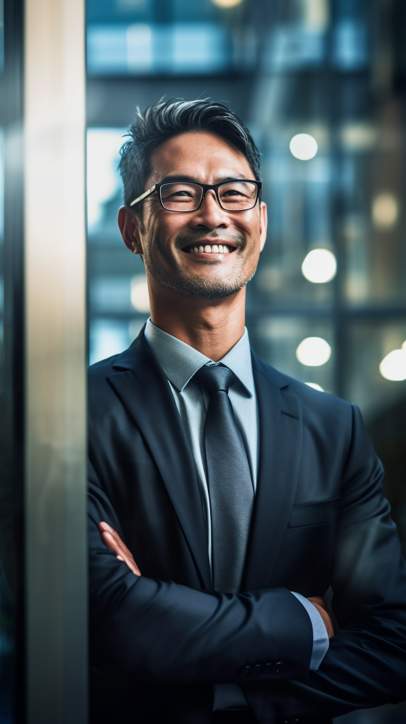 Smiling Japanese Businessman in Suit and Glasses