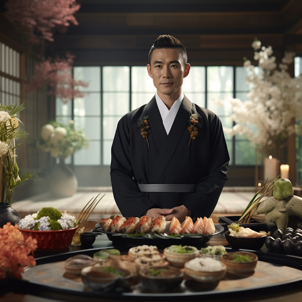 Japanese celebrant at Kuadore ceremony with traditional dishes