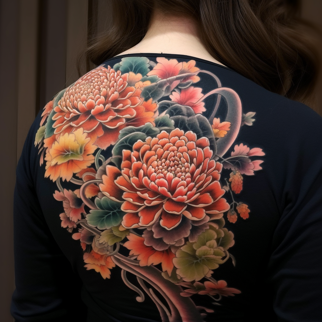 Friendly snakes in chrysanthemum tattoo