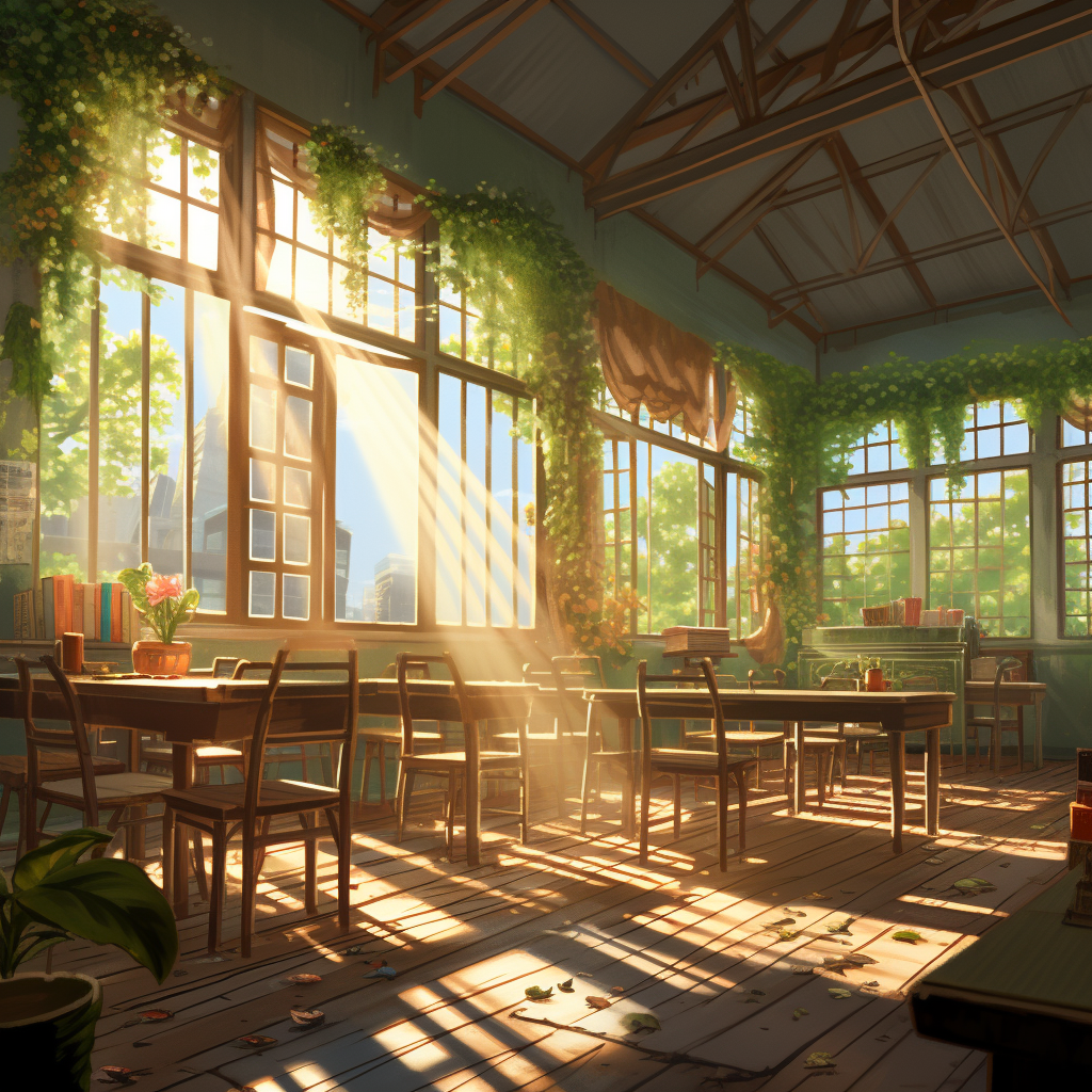 Japanese classroom with sun shining through big windows