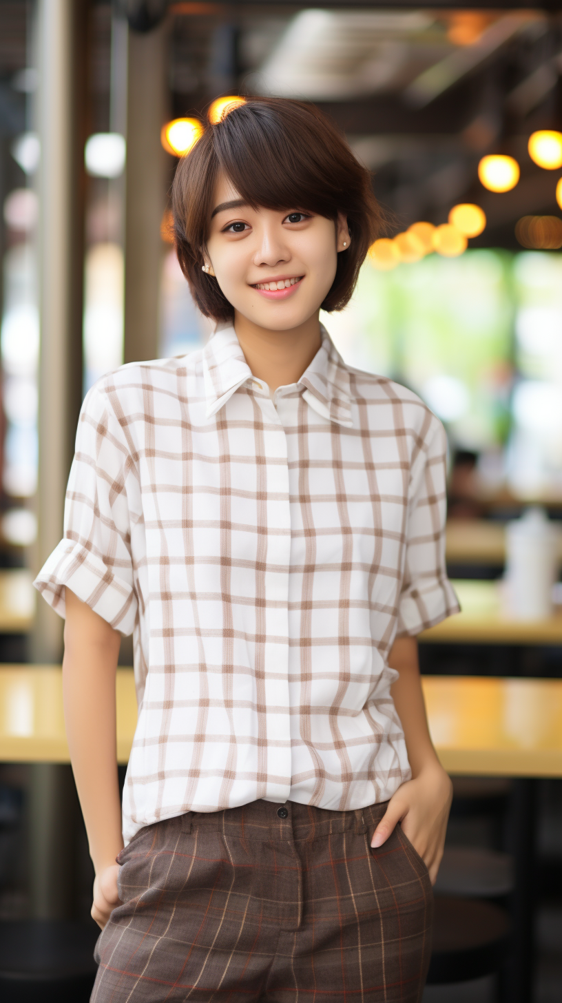 Smiling Japanese College Student Girl in Checker Patterned Shirt