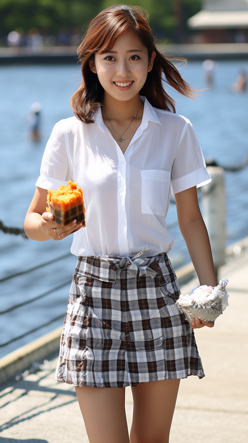 Smiling Japanese college student girl eating ice cream