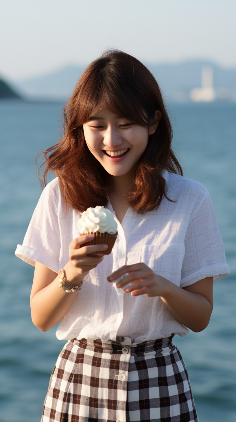 Smiling Japanese girl enjoying her ice cream