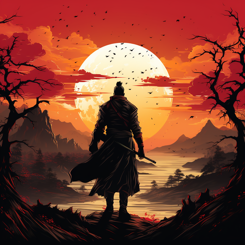 Samurai character with sunrise background