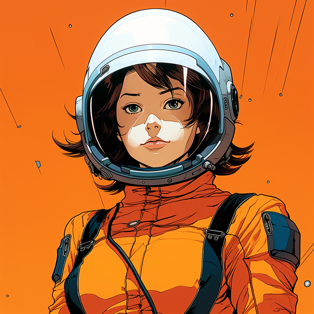 Young female Japanese engineer in orange spacesuit