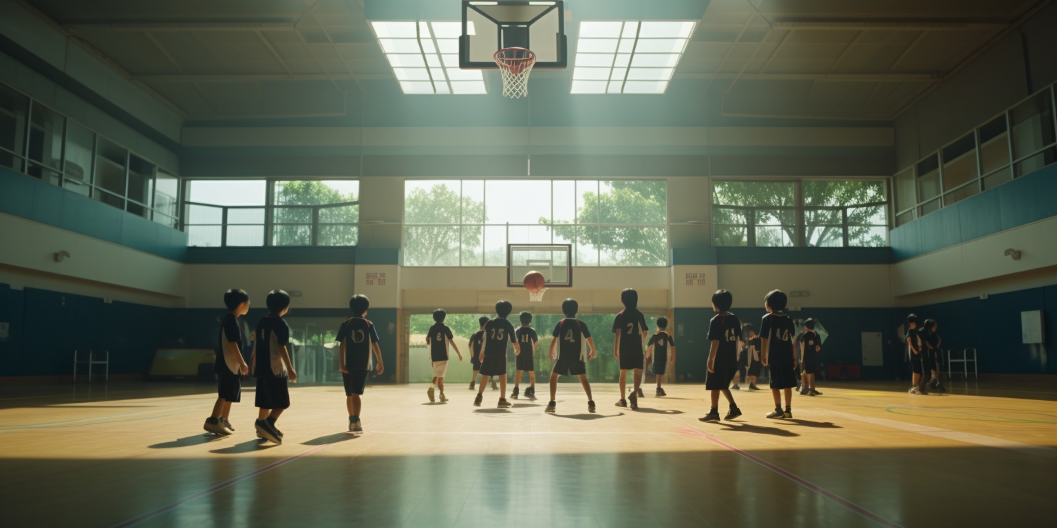 Elementary students playing basketball in a gym