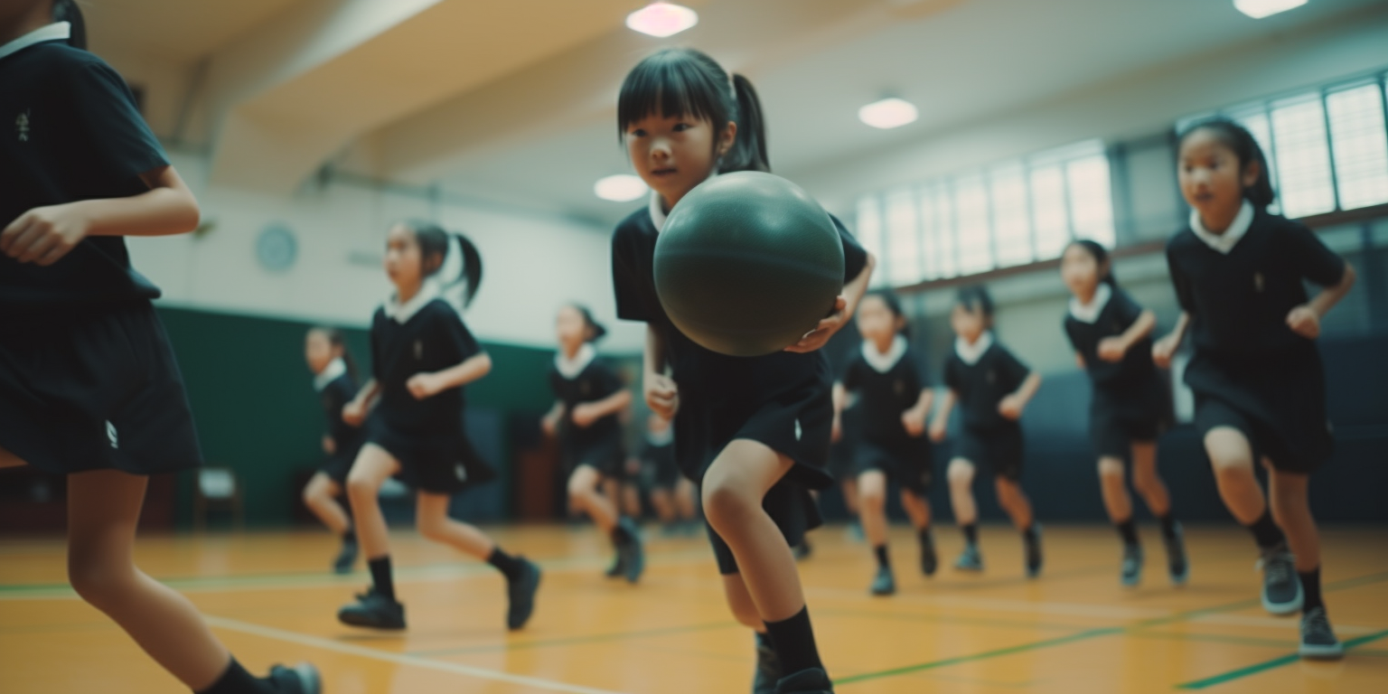 Japanese students playing dodgeball in a gym