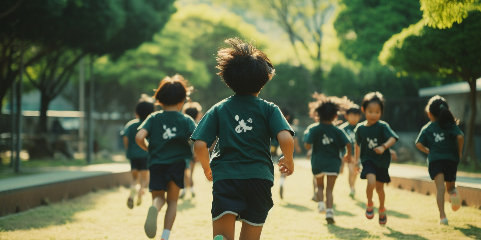 Japanese elementary students running with determination