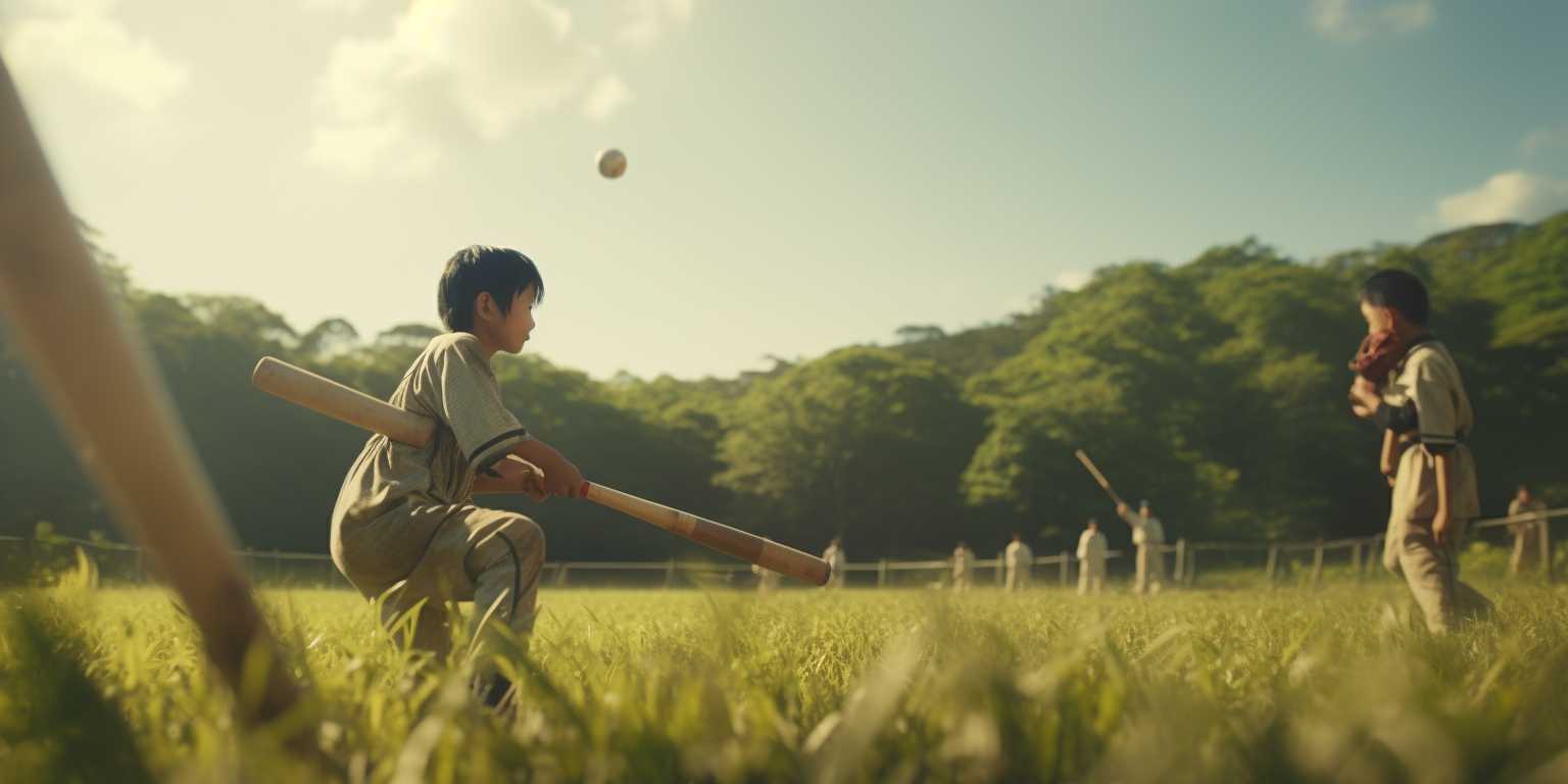 Japanese elementary students playing baseball game