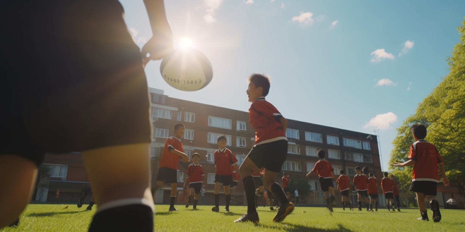 Japanese elementary students playing rugby