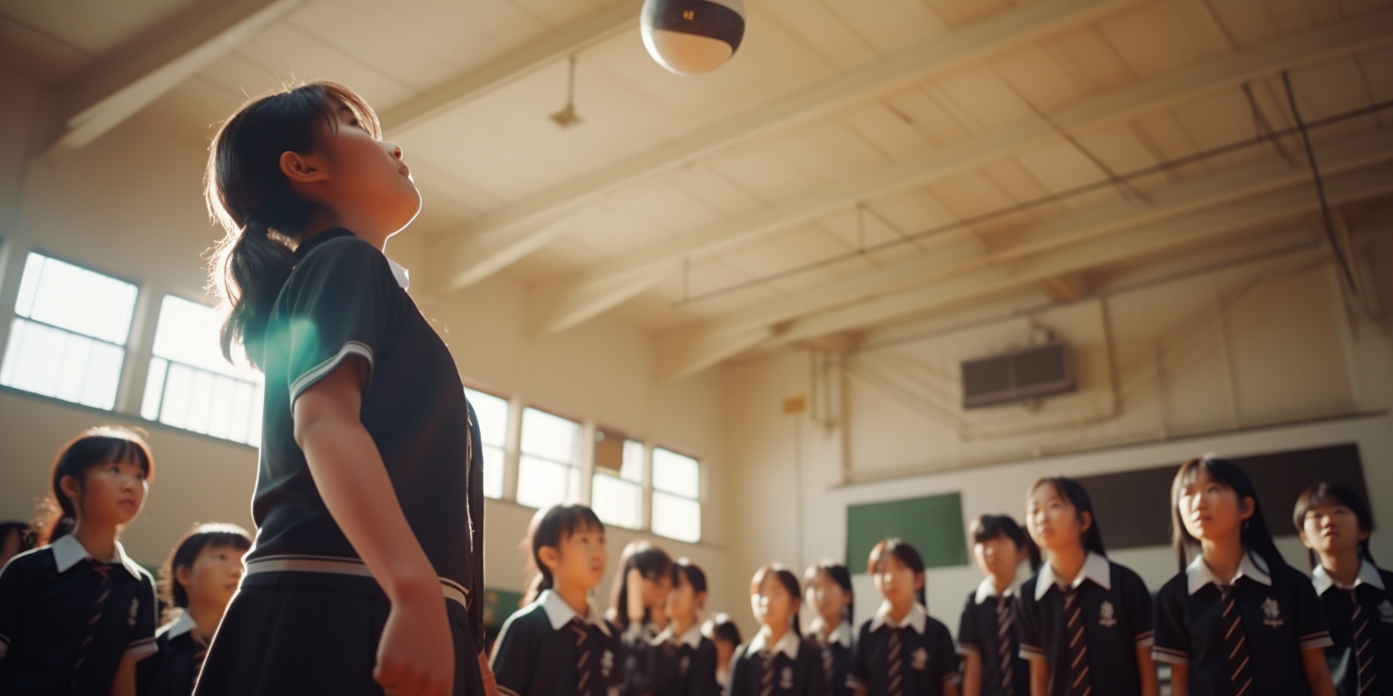 Japanese elementary students playing volleyball with teamwork