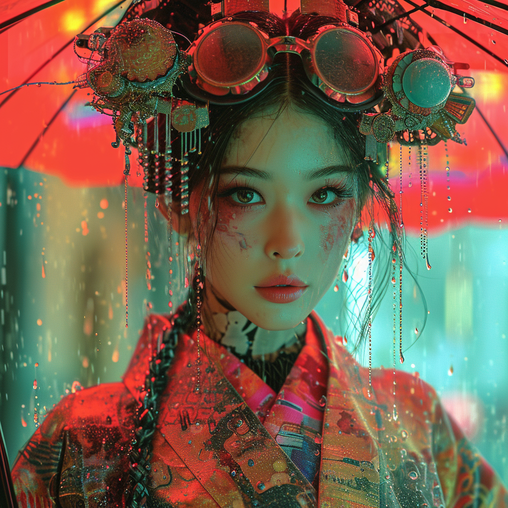 Japanese female glamorous supermodel in cyberpunk geisha style