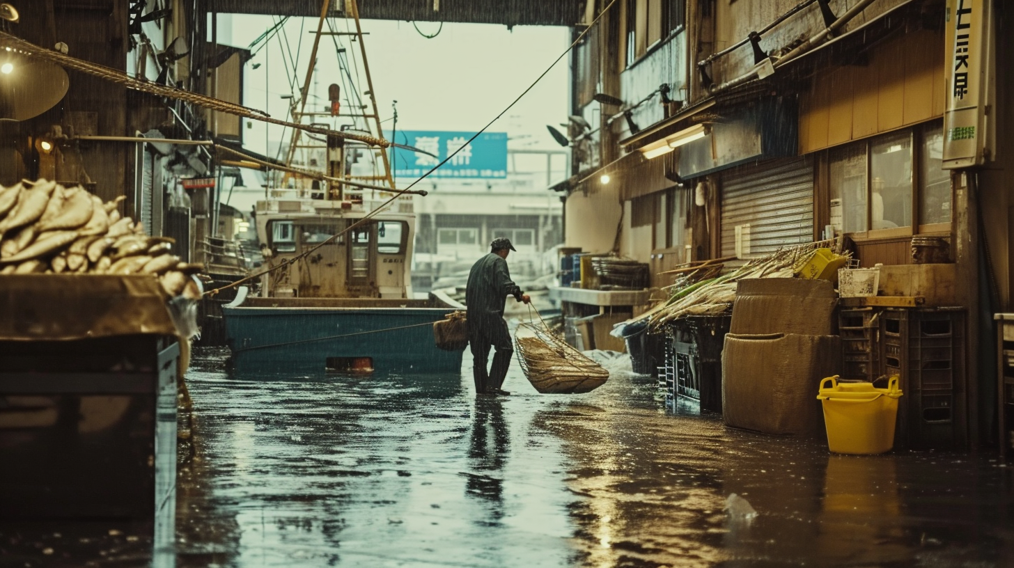 Japanese fisherman unloading catch at market