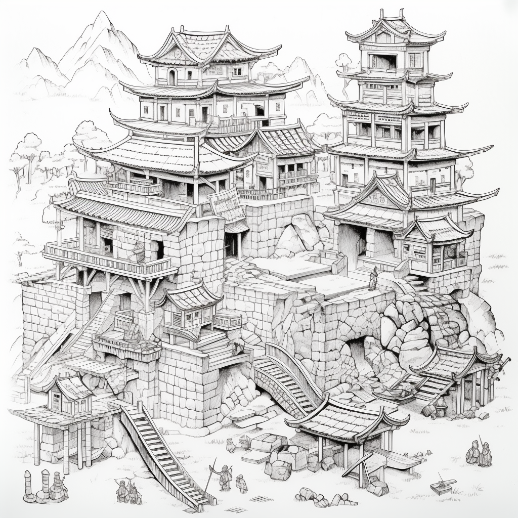 Japanese fort colouring page outline