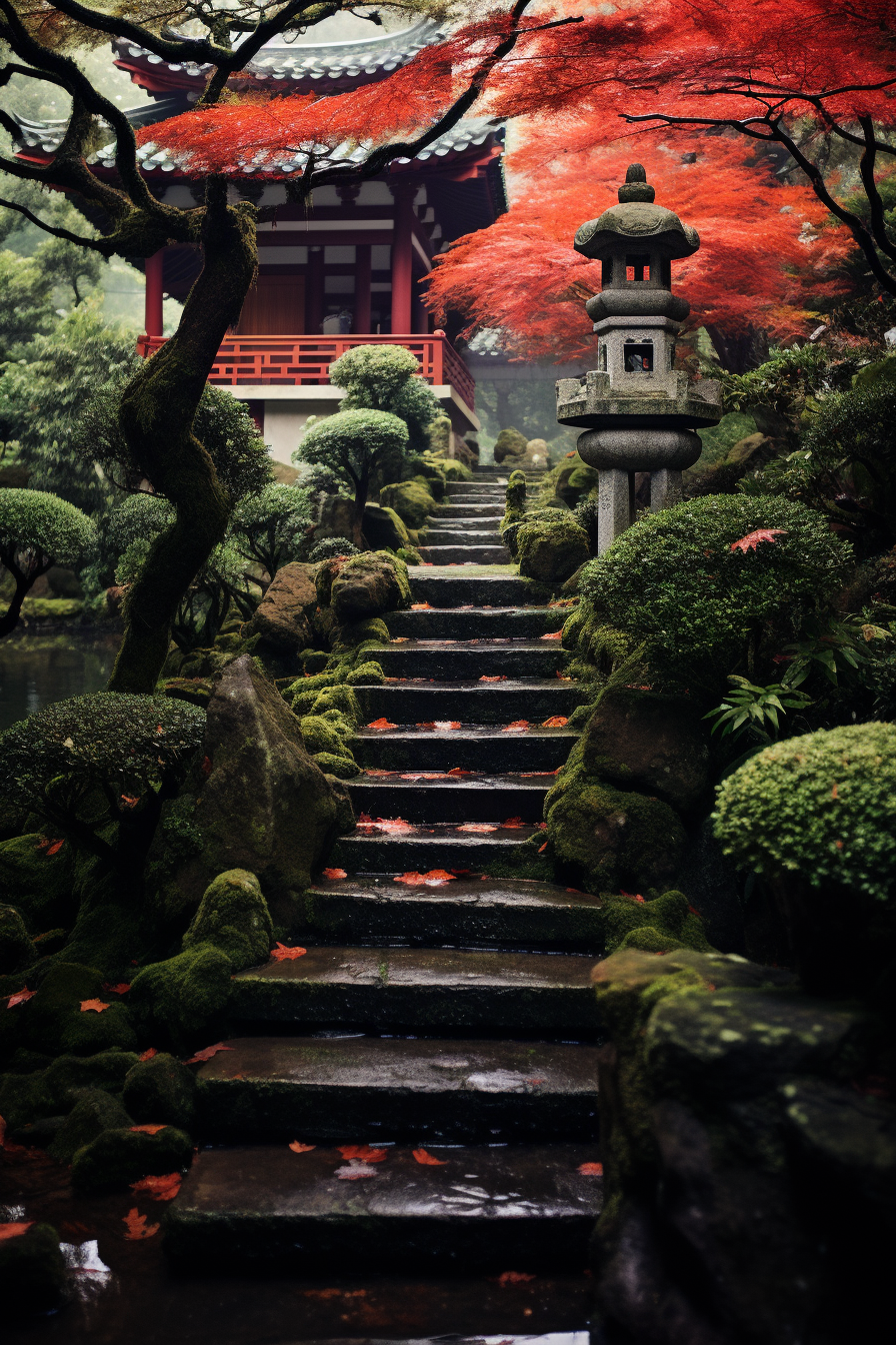 Tranquil Japanese garden scene with blooming cherry blossoms