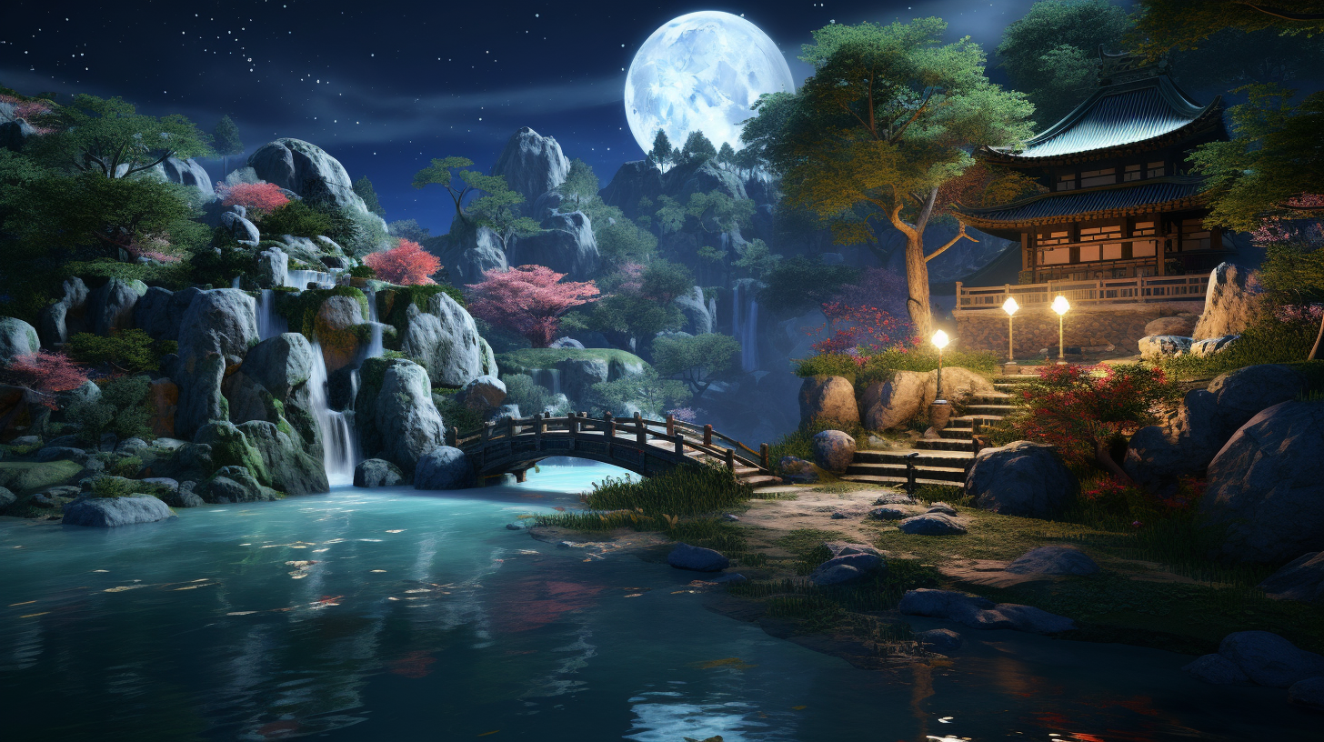 Japanese garden moon night rendering