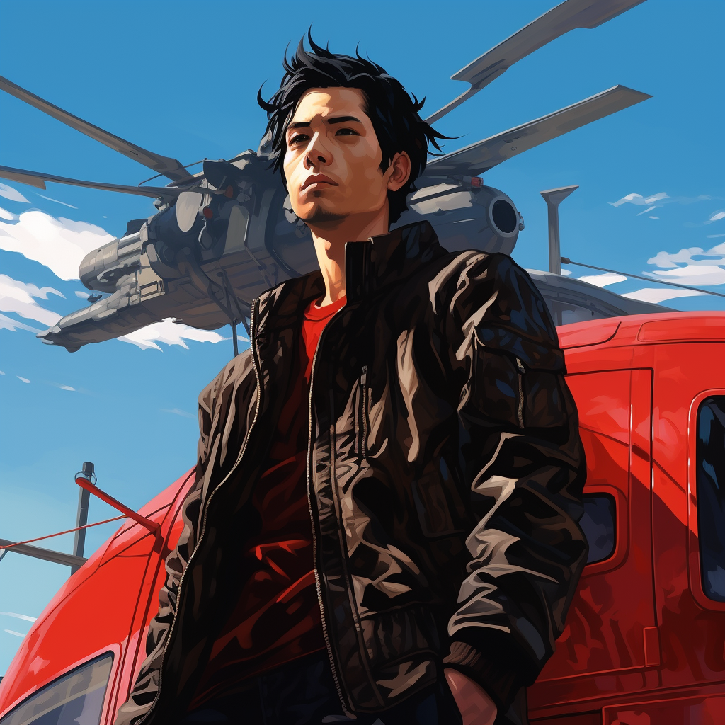 Japanese Gentleman on Roof with Helicopter