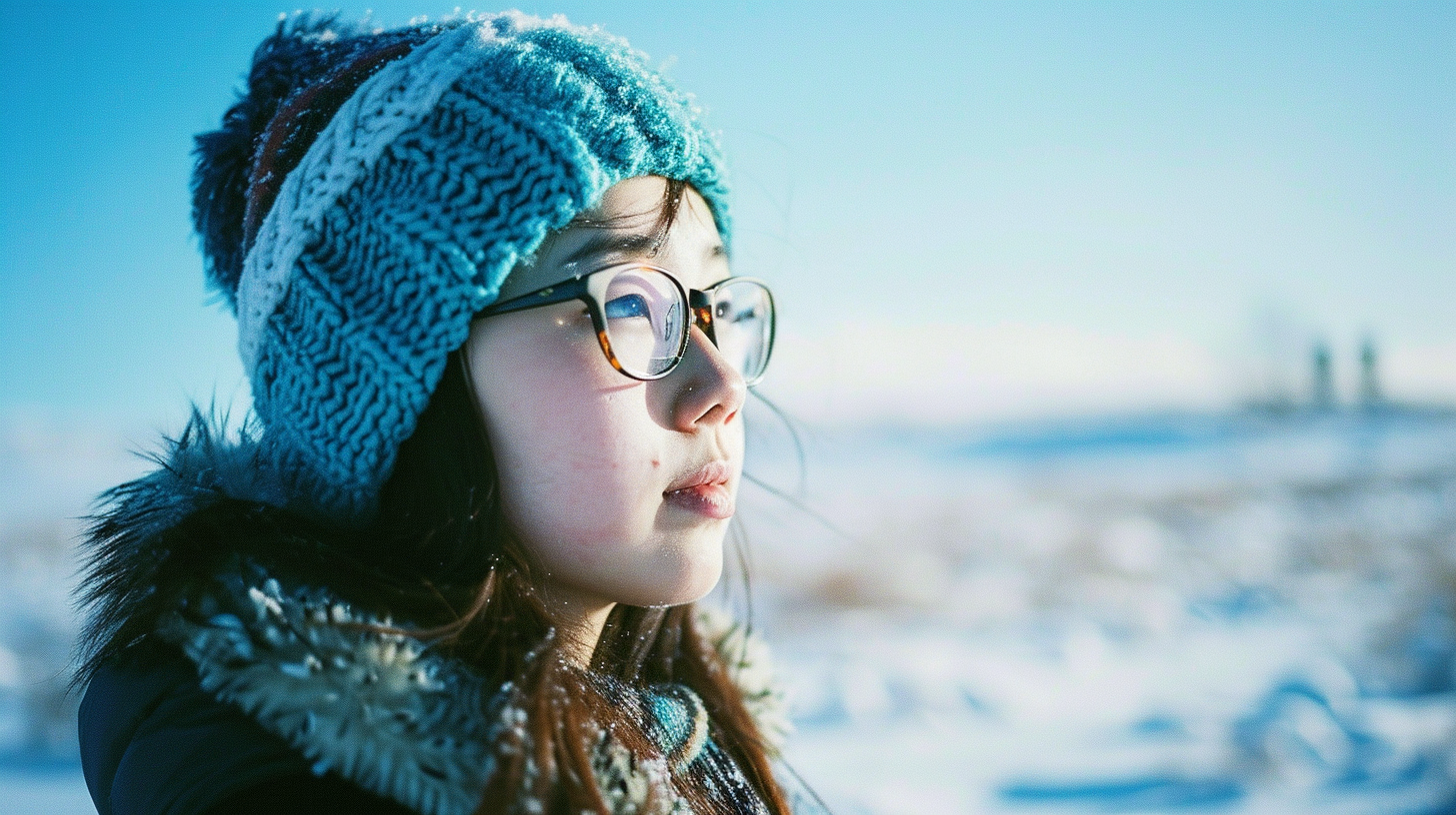 Japanese girl in blue knit hat and glasses in snow