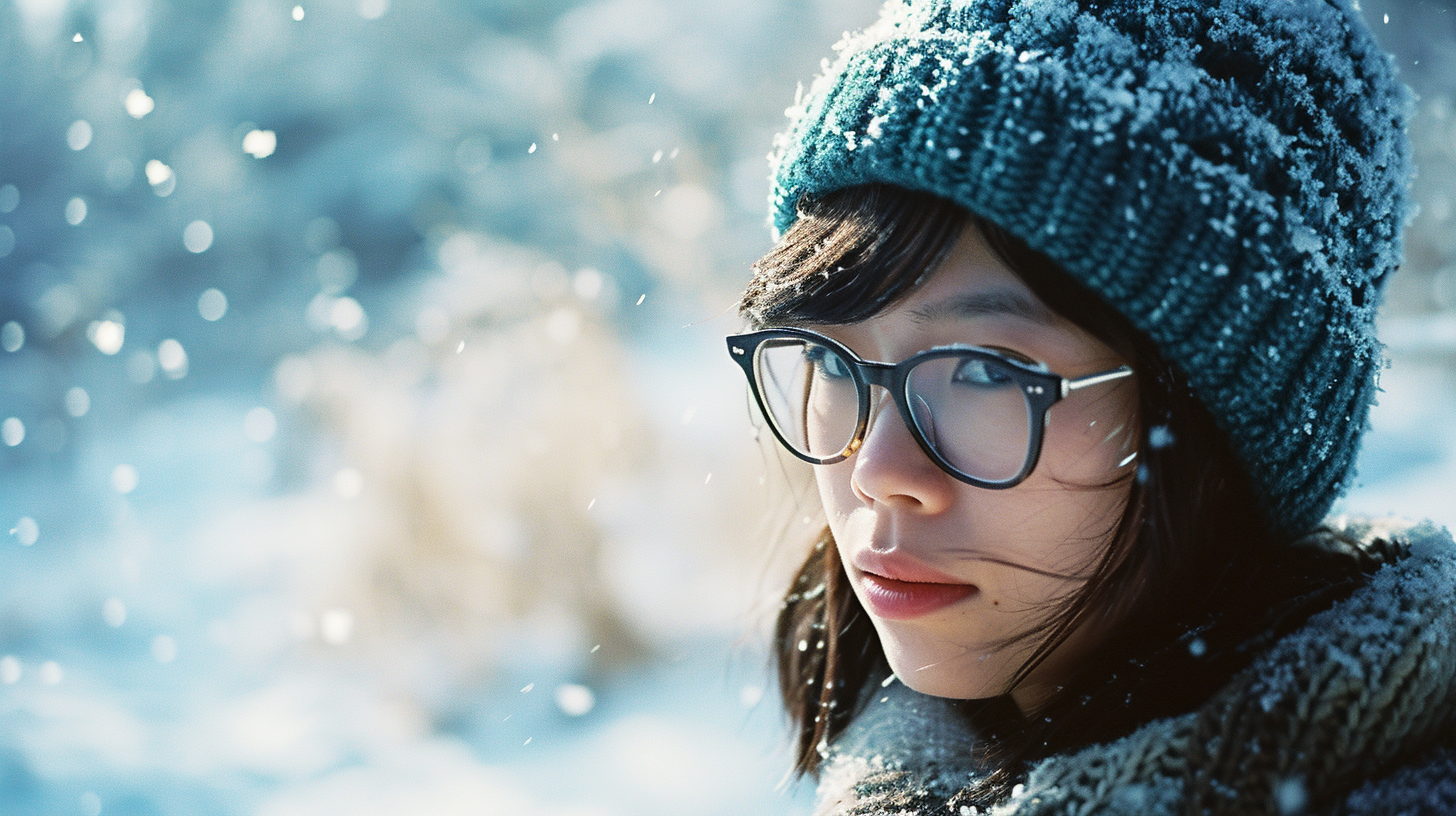 Japanese girl in snow field wearing blue knit hat and glasses