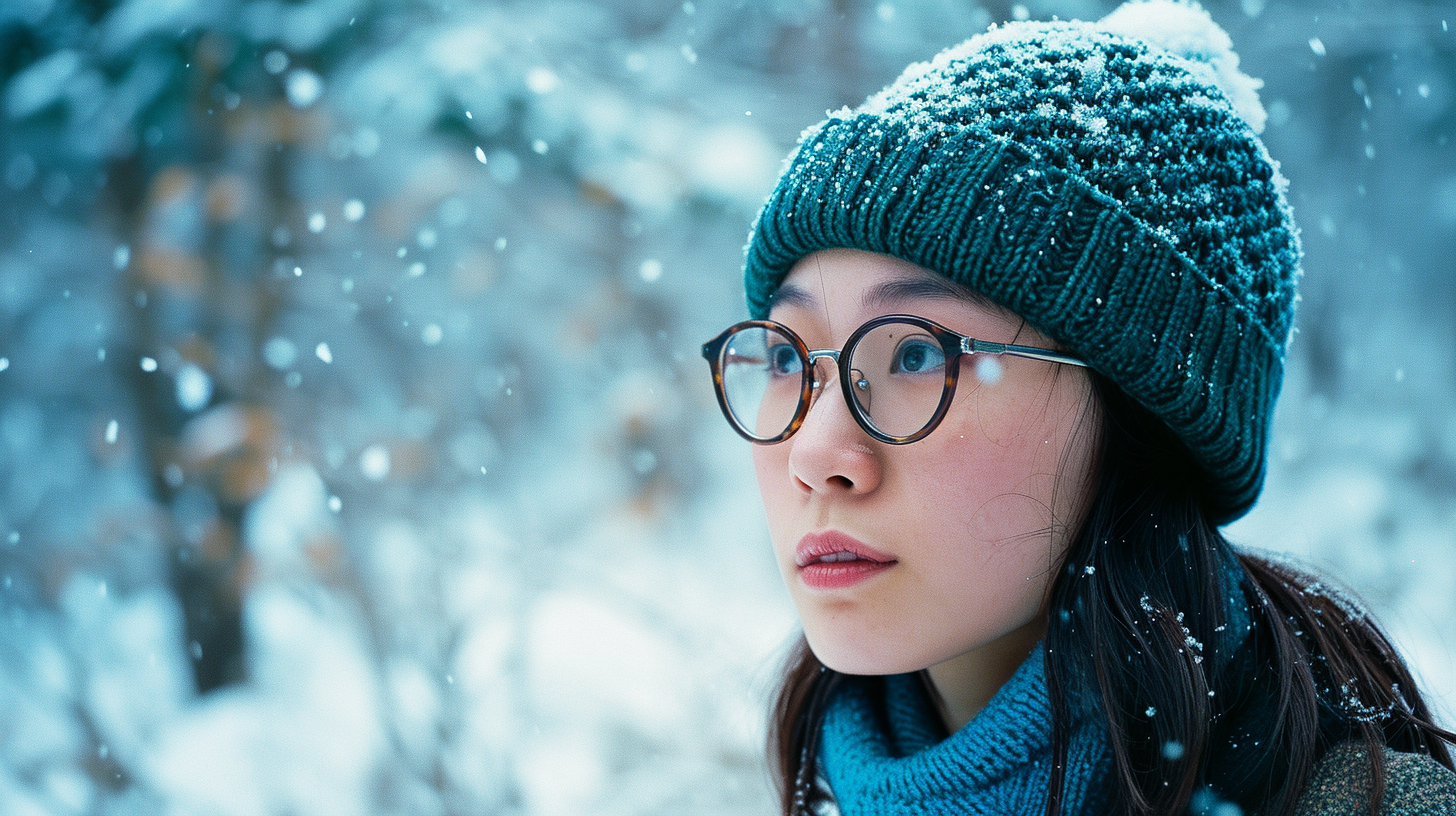 Japanese girl with blue knit hat and glasses in snow