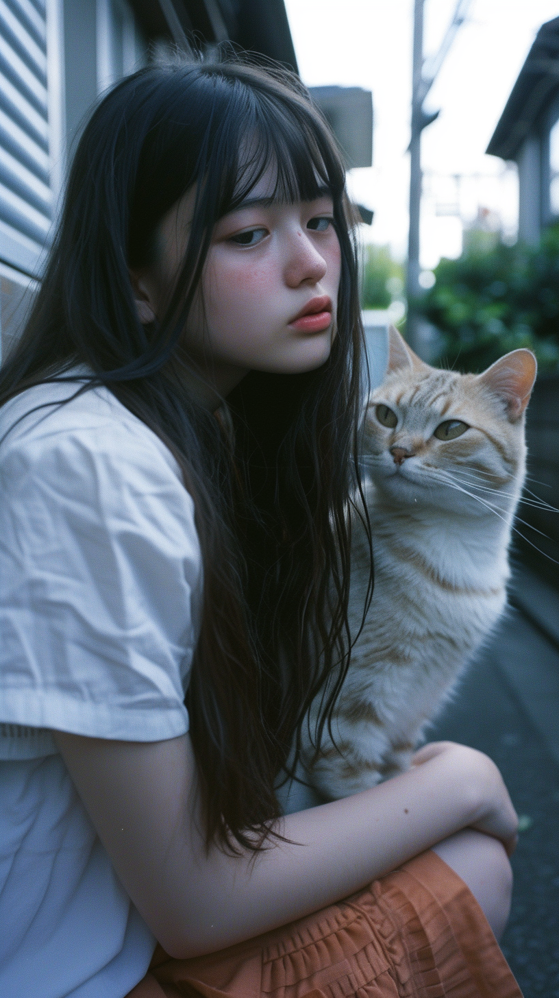 Japanese girl playing with cute cat