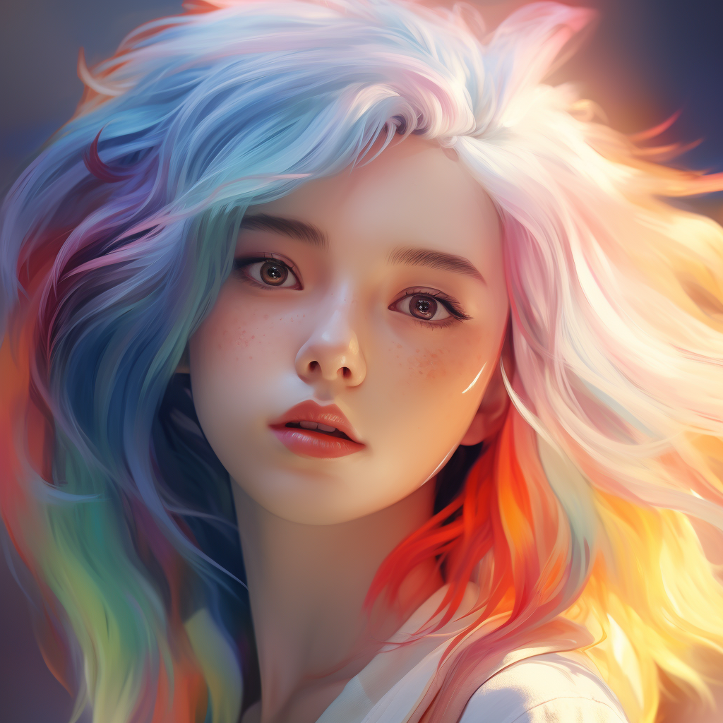 Peaceful portrait of Japanese girl with rainbow hair