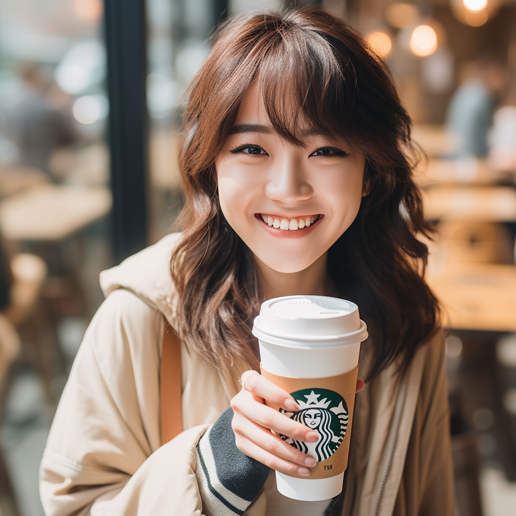 Japanese girl enjoying Starbucks coffee