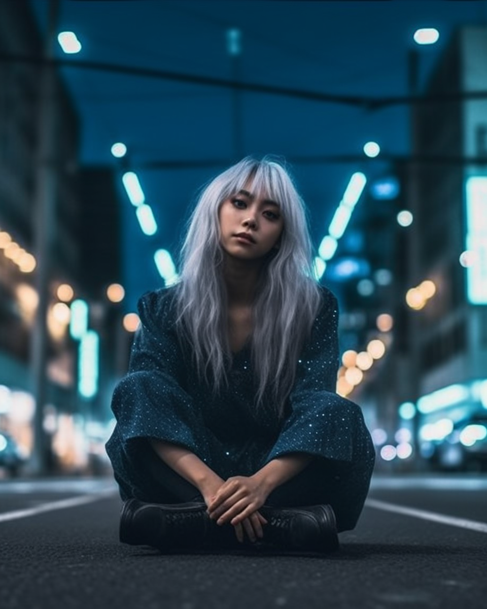 Stunning Japanese girl squatting on cross road