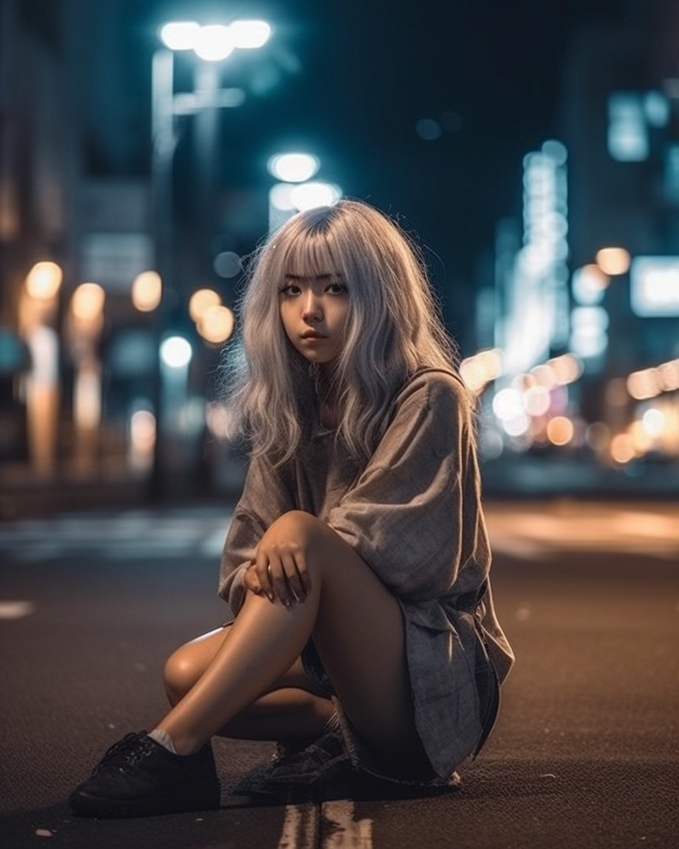 Beautiful Japanese girl squatting on crossroad