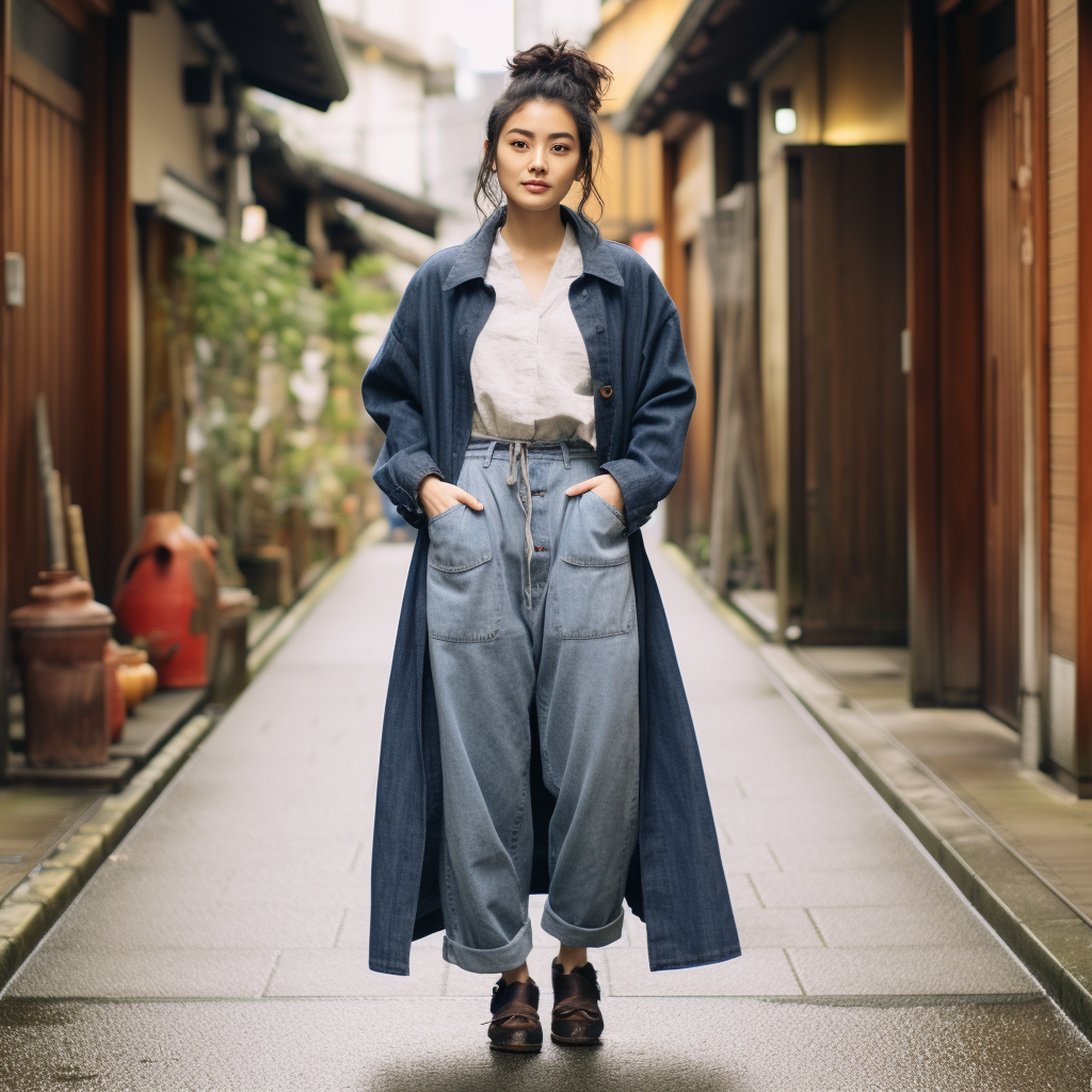 Japanese girl in stylish tapered denim jeans