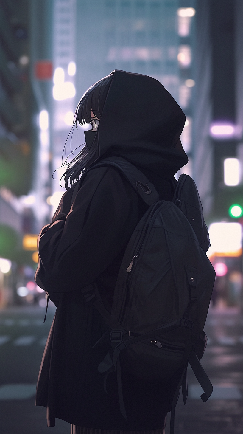 Stylish Japanese girl in black oversized hoodie