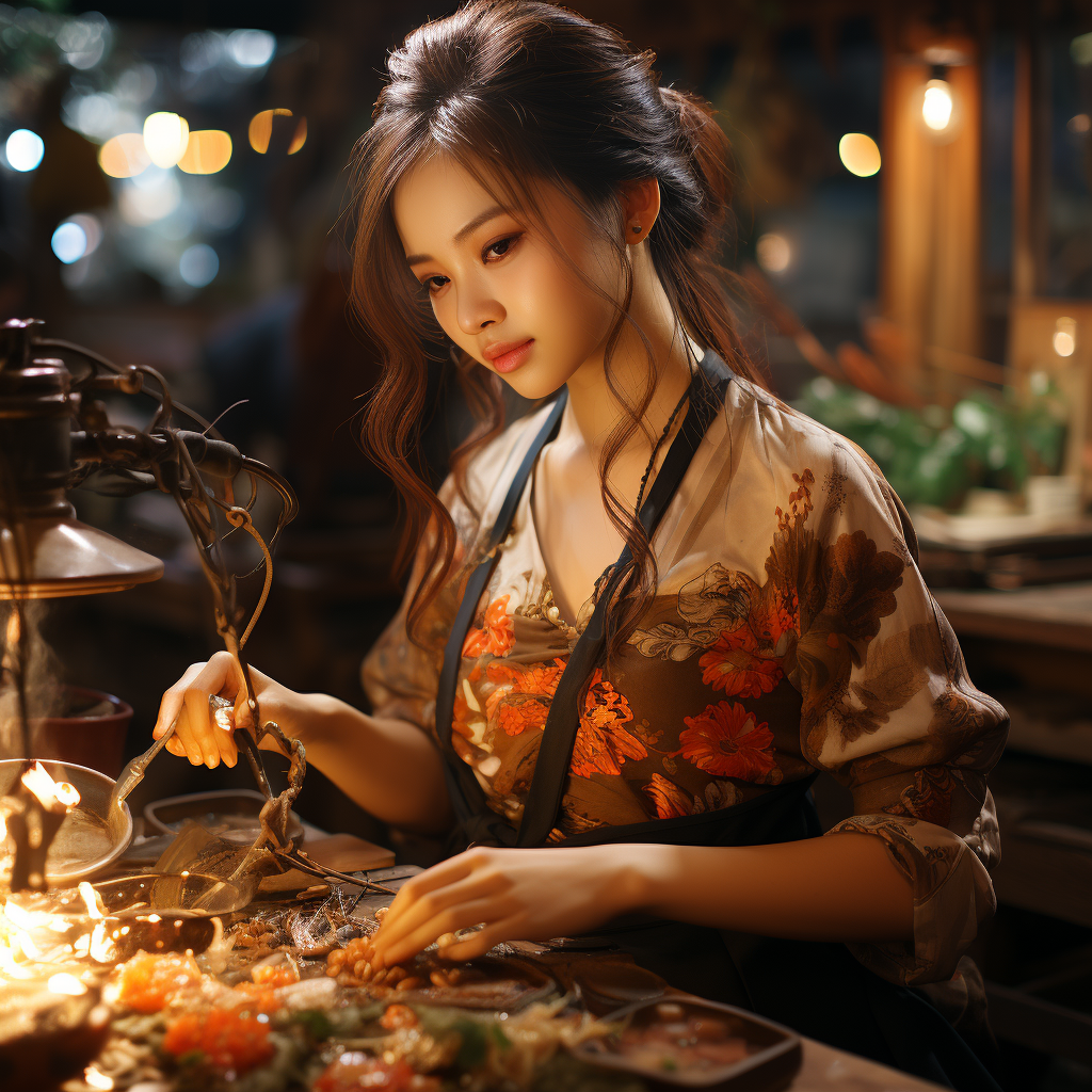 Japanese girl grilling eels in restaurant