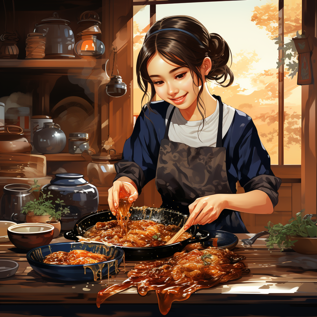 Young Japanese girl making eel rice