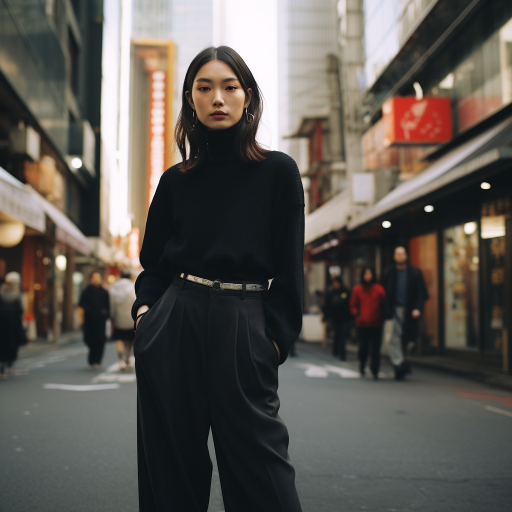 Japanese girl wearing turtleneck and trousers