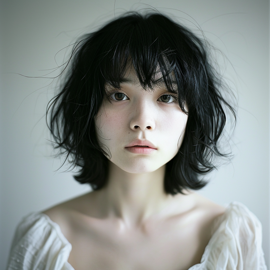 Stunning Japanese girl on white background (6 words).