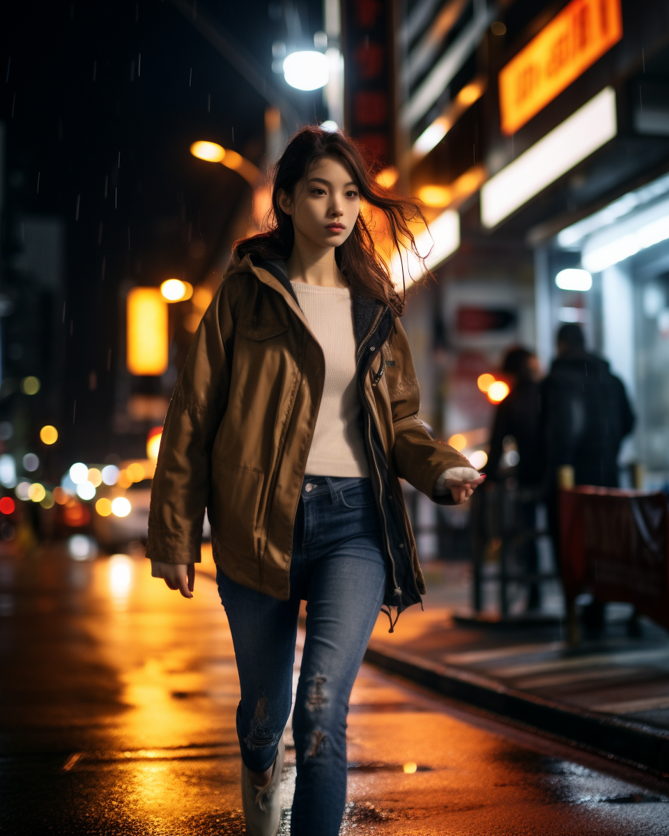 Mesmerizing long-exposure image of a Japanese girl walking at night