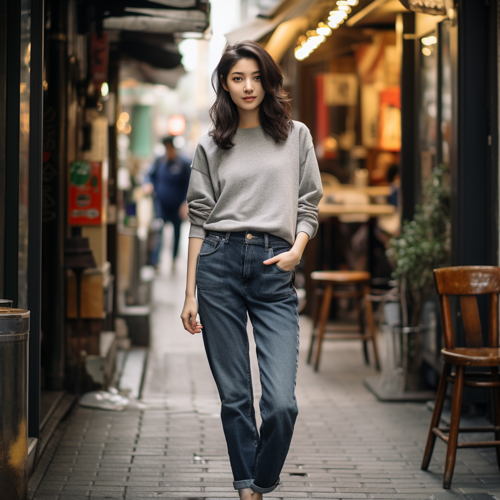 Stylish Japanese girl in tapered denim jeans