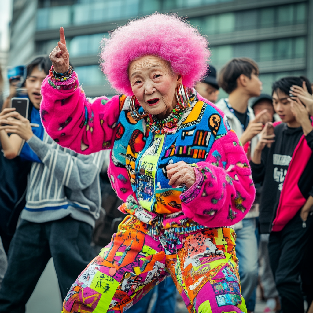 Elderly Japanese grandmother breakdancing with young people