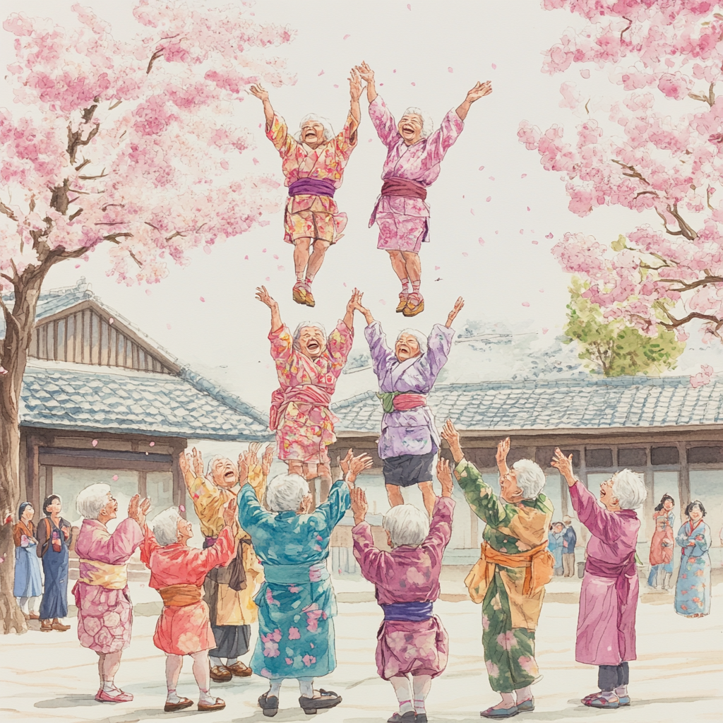 Elderly Japanese grandmothers doing gymnastics