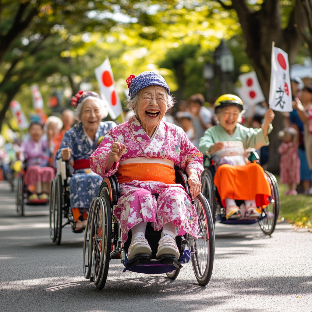 Elderly Japanese women racing in kimonos