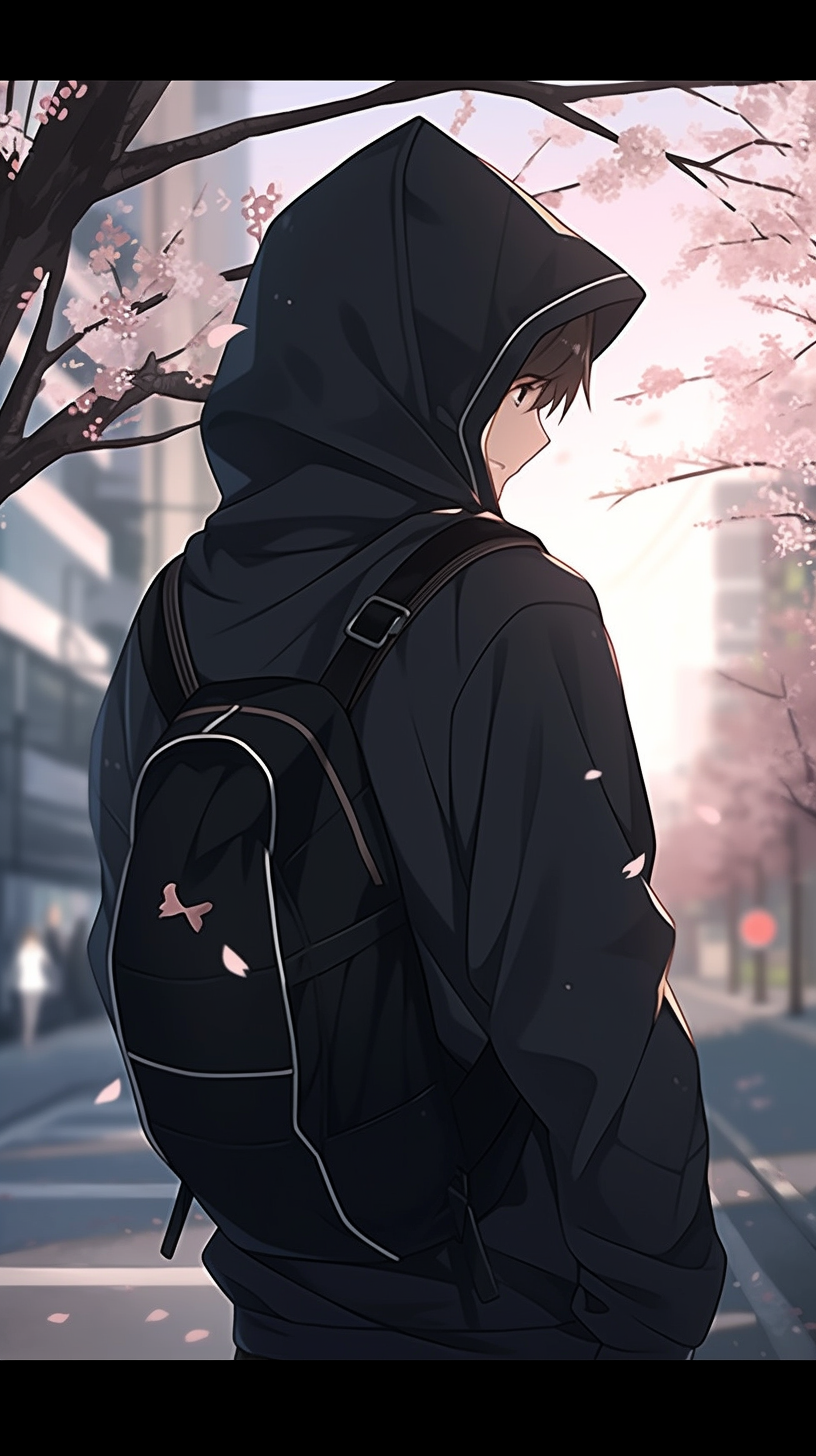 Japanese guy in black hoodie with cherry blossom trees