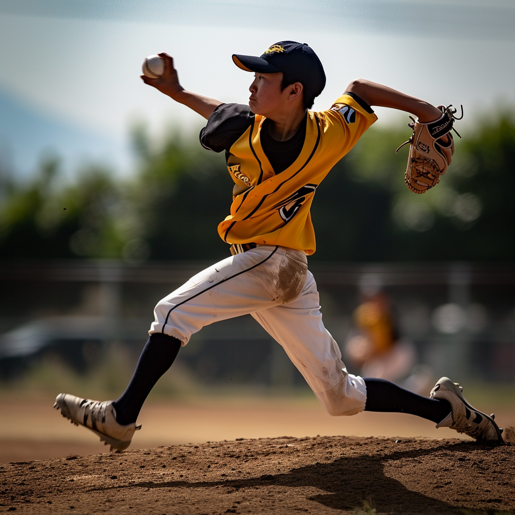 Youthful Japanese Baseball Pitcher in Full Swing