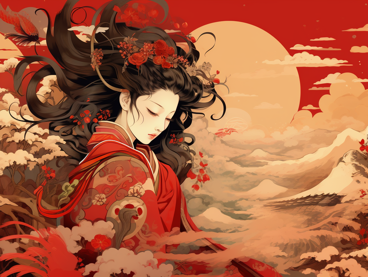 Japanese Illustration with Red and Beige Colors