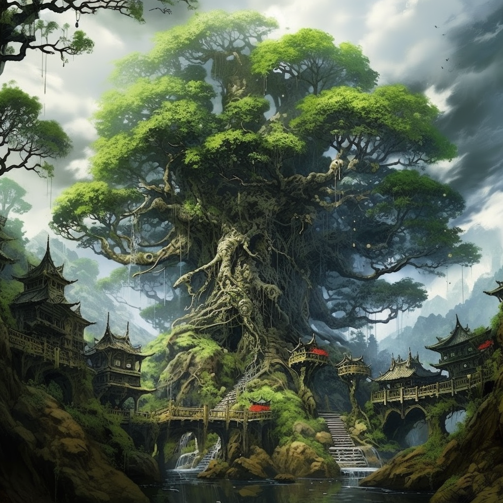 Detailed Japanese inspired magical tree illustration