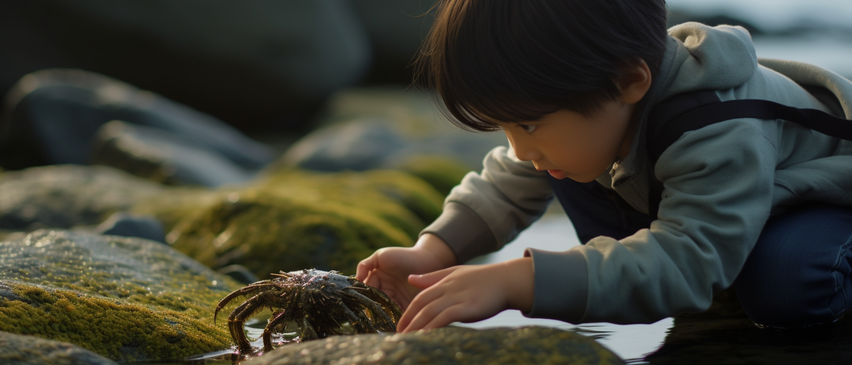 Young Japanese Kid with Sea Slug Discovery