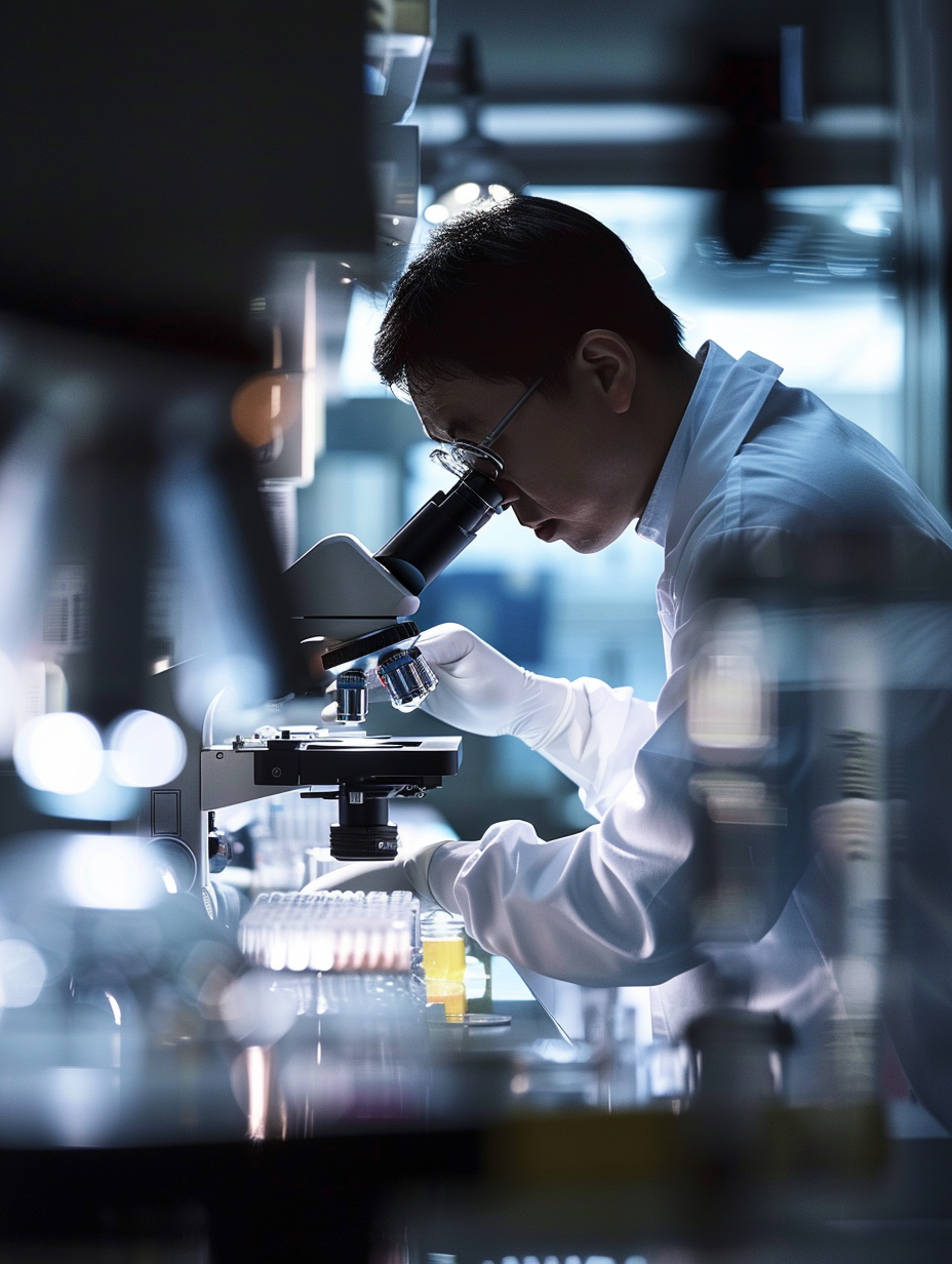 Japanese lab technician using microscope