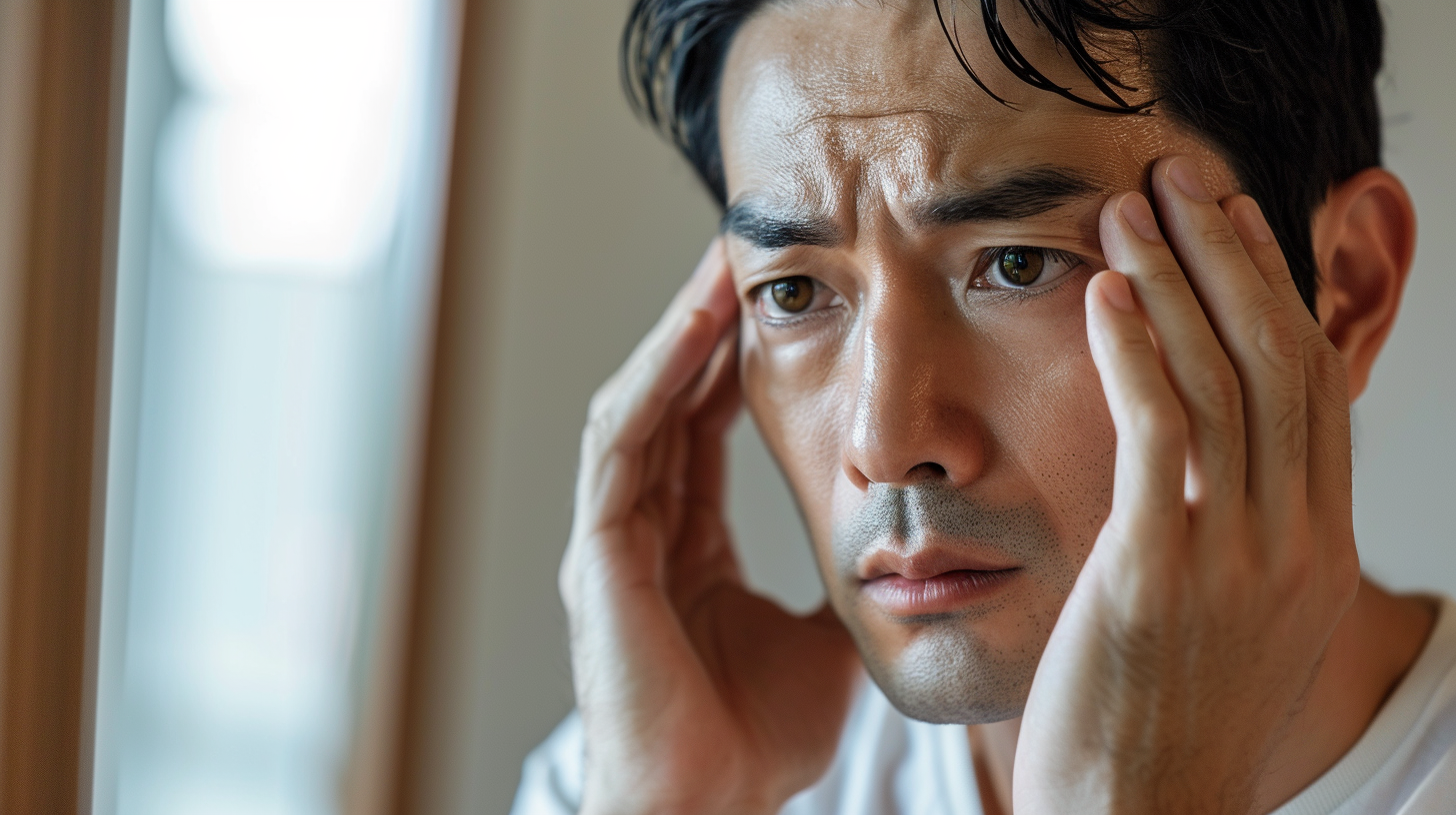 Japanese man looking worriedly into a mirror