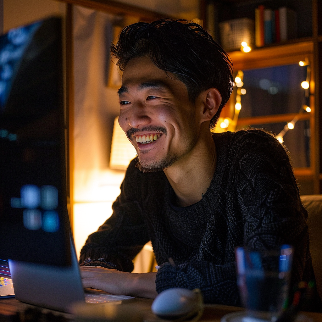 Japanese man grinning computer night